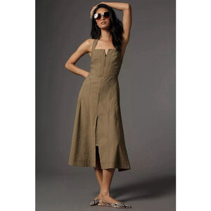 Anthropologie Zip-Front Corset Halter Neck Dress Moss Green Sz L Casual Festive